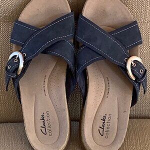Clarks Collection Leather Slide Sandals- Reileigh May - Navy 8 1/2 …